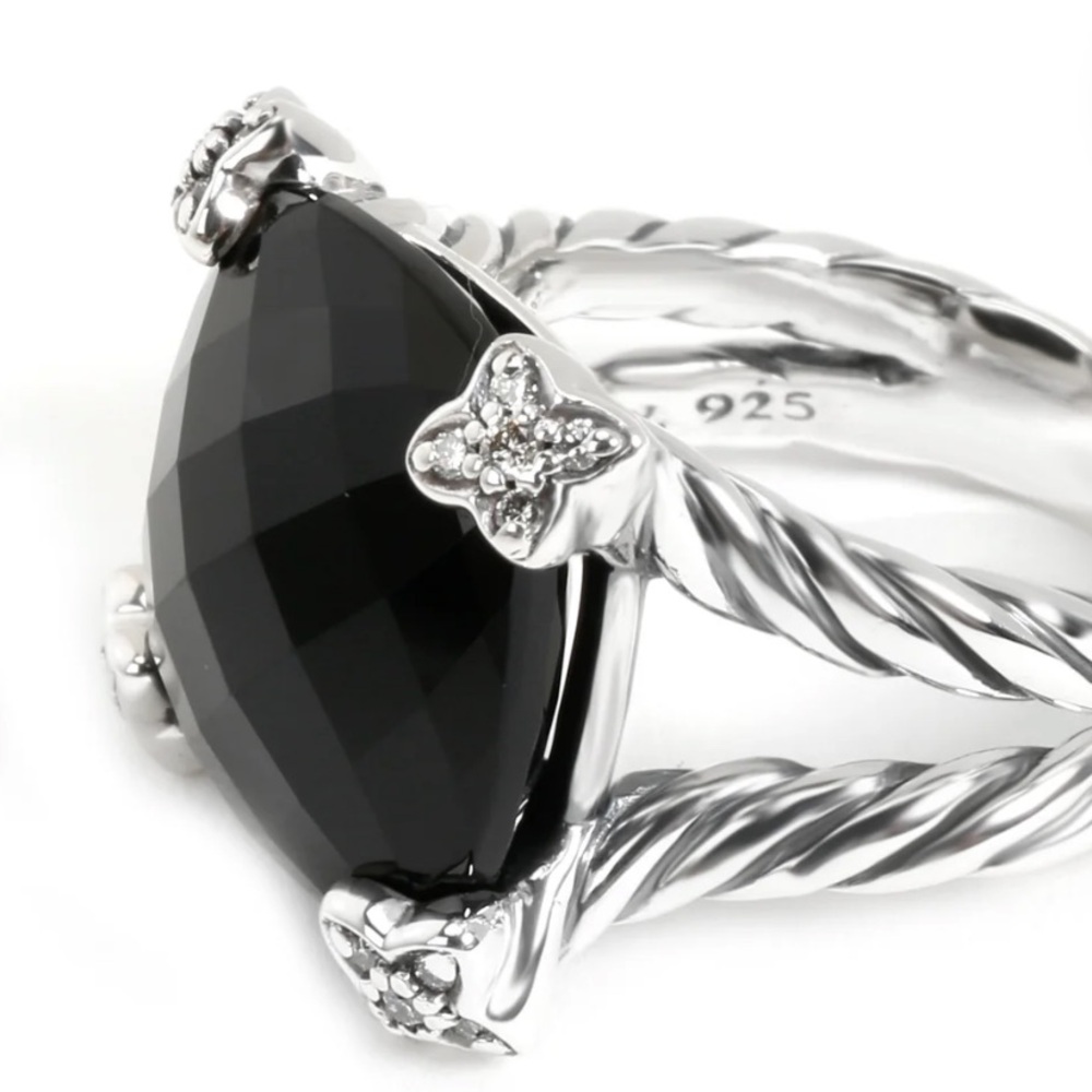 David Yurman Black Onyx 14mm Cocktail Ring, On Point, Sterling Silver, Size 6.5